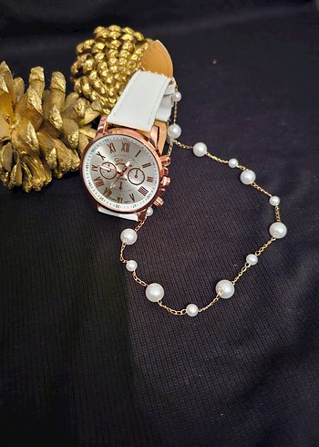 Beyaz inci kolye ile Kadın Kol Saati - Görsel 3