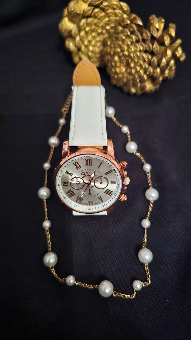 Beyaz inci  kolye ile Kadın Kol Saati - Görsel 5