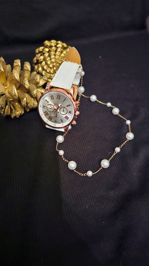 Beyaz inci  kolye ile Kadın Kol Saati - Görsel 3
