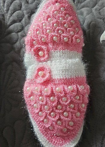 İnci İşlemeli Pembe Örgü Kadın Ev Terliği - Görsel 4