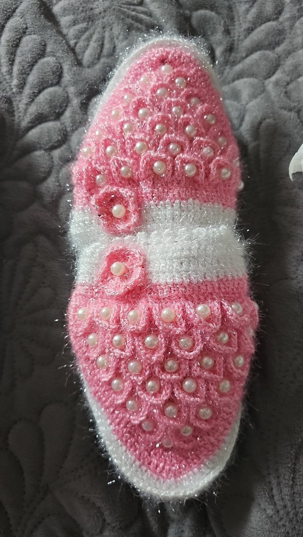 İnci İşlemeli Pembe Örgü Kadın Ev Terliği - Görsel 4