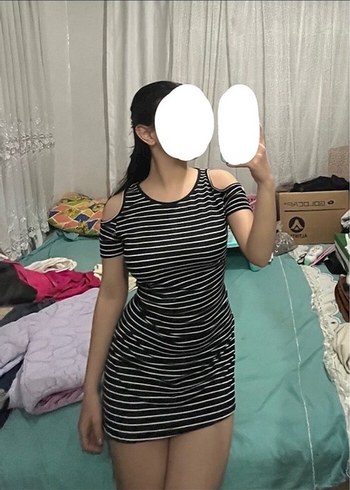 Çizgili Siyah Mini Elbise - Görsel 2