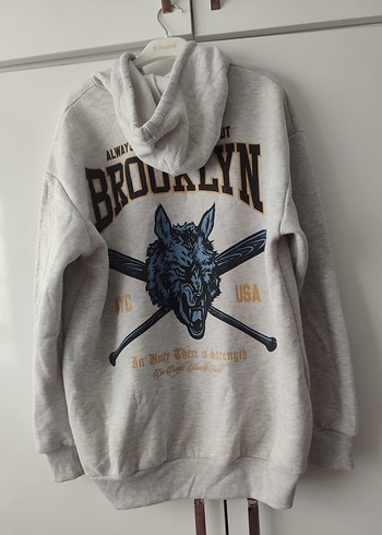 Gri Kapüşonlu Brooklyn Baskılı Sweatshirt - Görsel 2