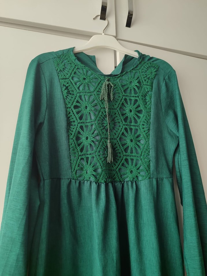 Uzun Yeşil Bohem Nakışlı Elbise - Görsel 2