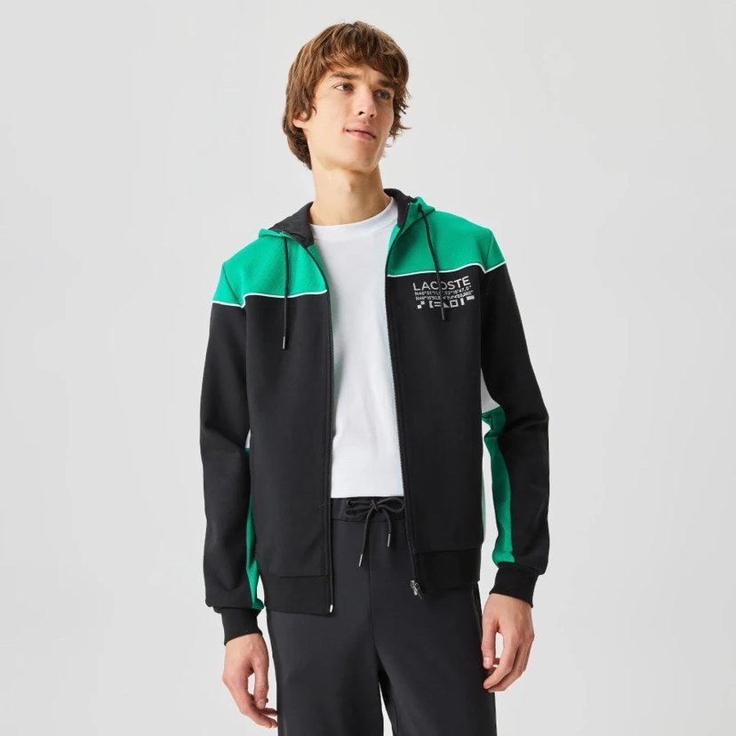 Erkek Fermuarlı Kapşonlü Siyah Yeşil Üst Eşofman - Görsel 5