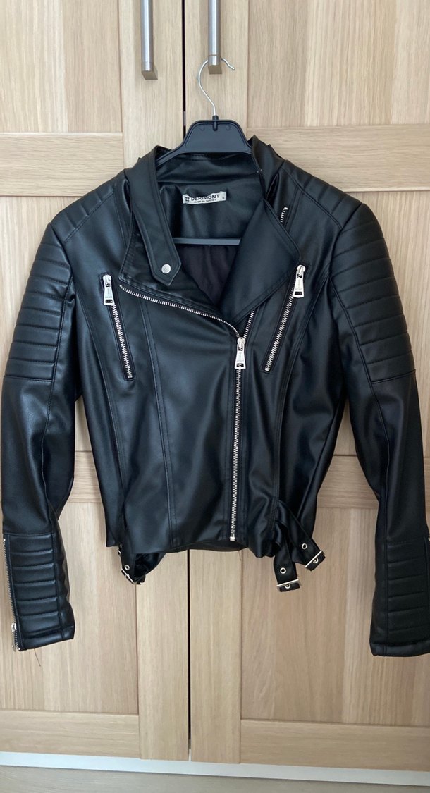 Kadın Siyah Deri Biker Ceket - Görsel 4