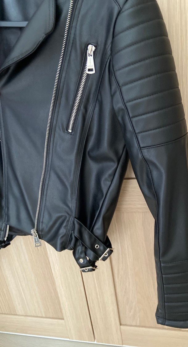 Kadın Siyah Deri Biker Ceket - Görsel 3