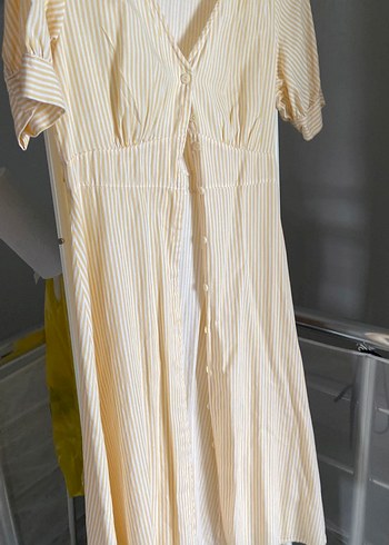 Sarı Çizgili Midi Pamuk Elbise - Görsel 4