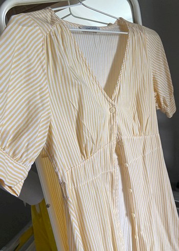 Sarı Çizgili Midi Pamuk Elbise - Görsel 3