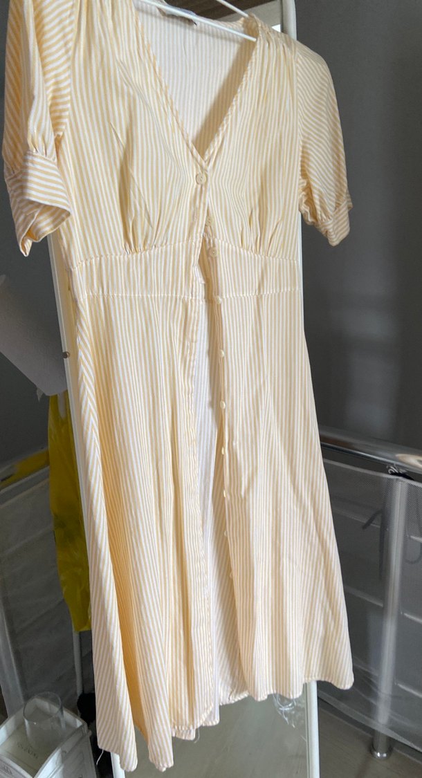 Sarı Çizgili Midi Pamuk Elbise - Görsel 4