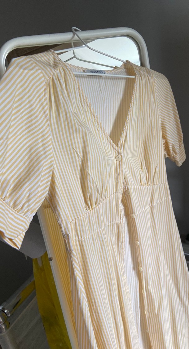 Sarı Çizgili Midi Pamuk Elbise - Görsel 3