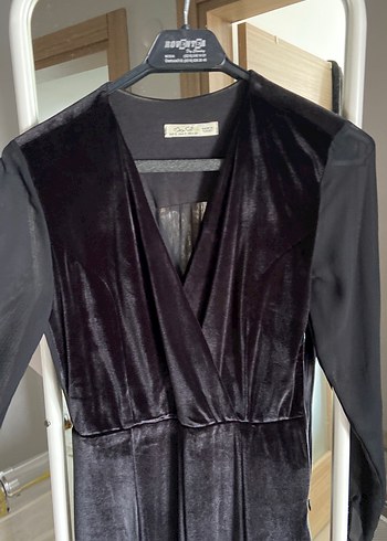 Uzun Kollu Siyah Drapeli Kadın Abiye Elbise - Görsel 6