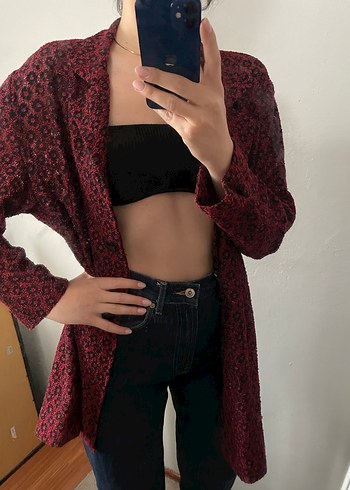 Vintage Desenli Düğmeli Bordo Kadın Blazer / Ceket - Görsel 3