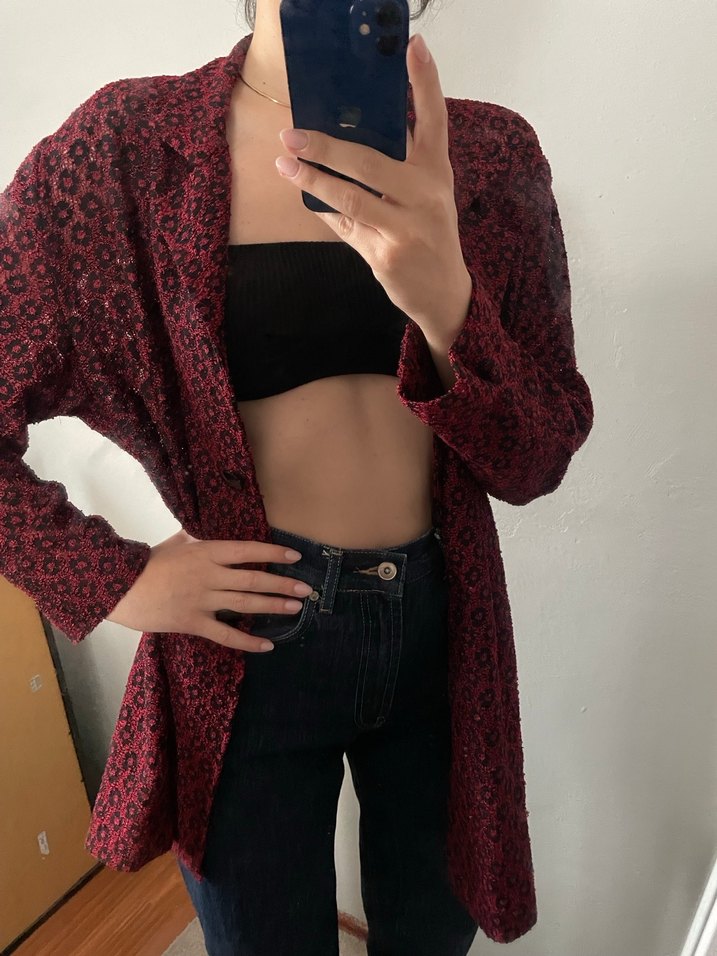 Vintage Desenli Düğmeli Bordo Kadın Blazer / Ceket - Görsel 3