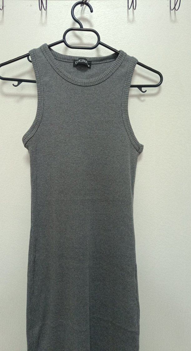 Gri Uzun Kolsuz Dar Kesim Elbise - Görsel 2