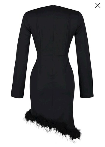 Kürk Detaylı Siyah Uzun Kollu V Yaka Elbise - Görsel 2