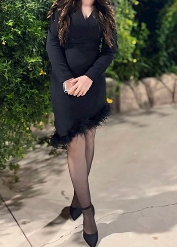 Kürk Detaylı Siyah Uzun Kollu V Yaka Elbise - Görsel 3