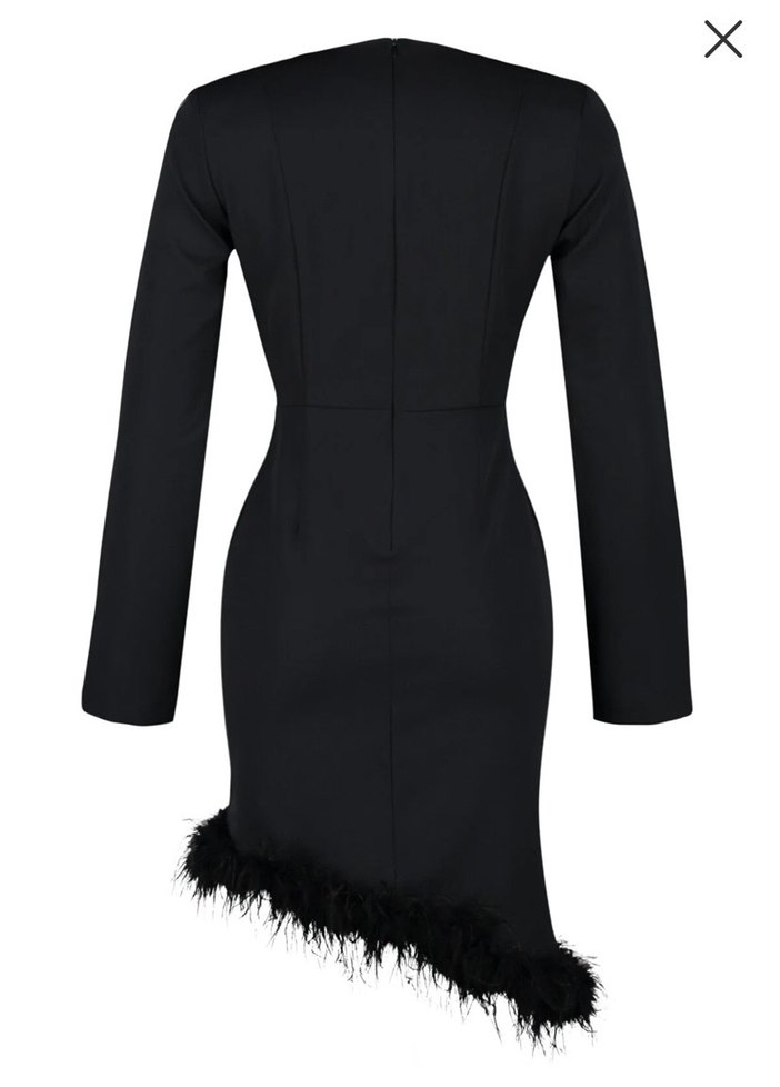 Kürk Detaylı Siyah Uzun Kollu V Yaka Elbise - Görsel 2