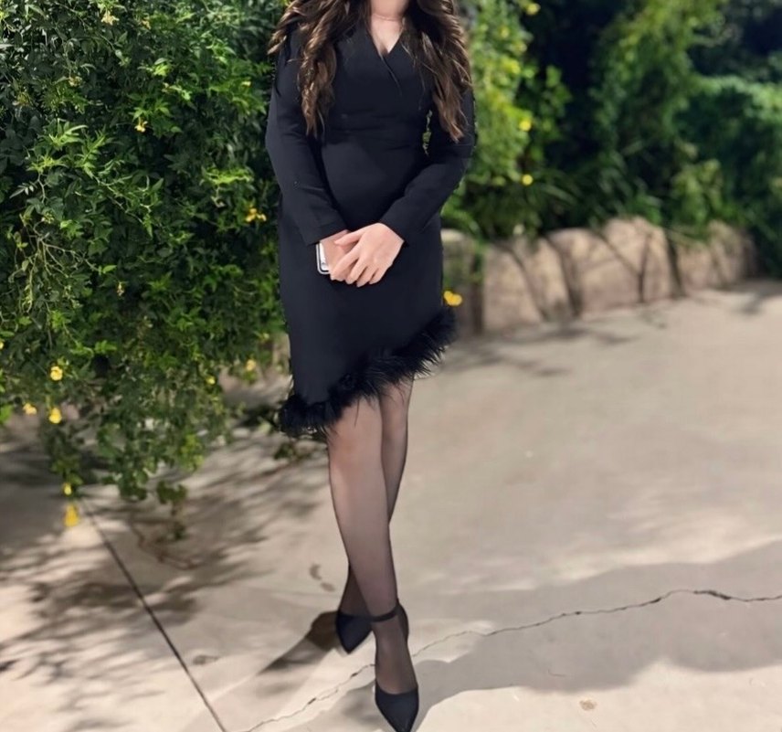 Kürk Detaylı Siyah Uzun Kollu V Yaka Elbise - Görsel 3