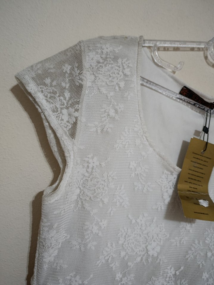 Bej Dantel Detaylı Kısa Kollu Elbise - Görsel 4