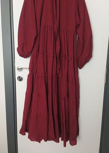 Bordo Uzun Bohem Pilili Keten Elbise - Görsel 2