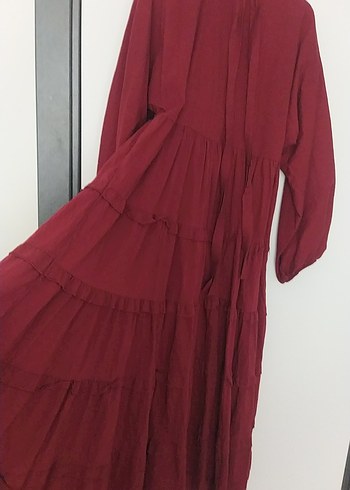 Bordo Uzun Bohem Pilili Keten Elbise - Görsel 4