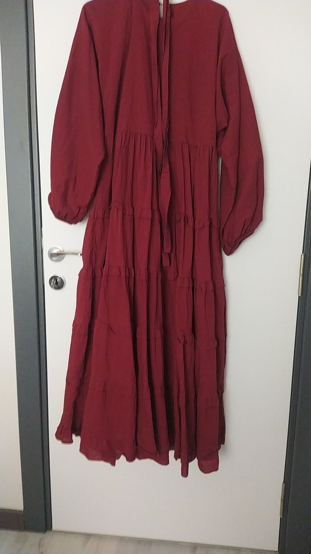 Bordo Uzun Bohem Pilili Keten Elbise - Görsel 2