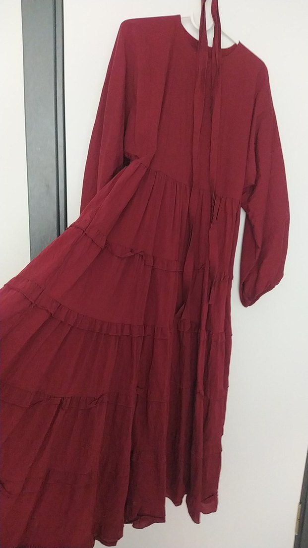 Bordo Uzun Bohem Pilili Keten Elbise - Görsel 5