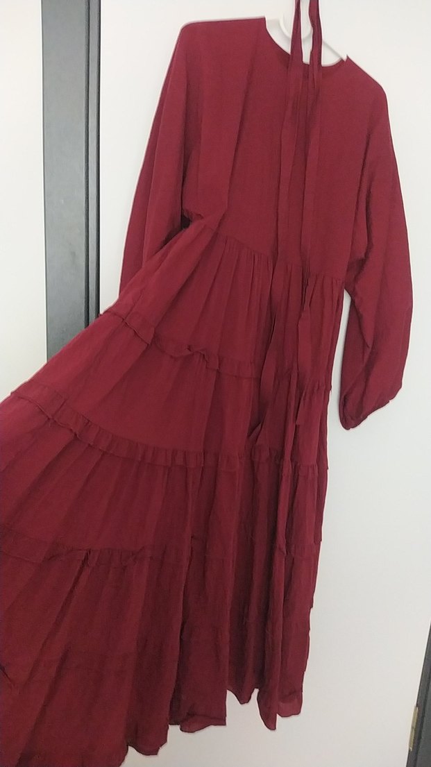 Bordo Uzun Bohem Pilili Keten Elbise - Görsel 4