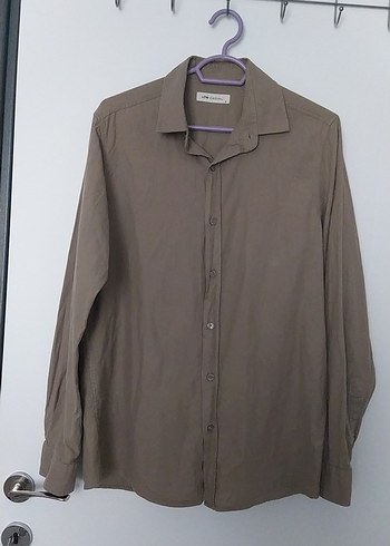 Bej Erkek Keten Gömlek, Uzun Kollu, Düğmeli - Görsel 3