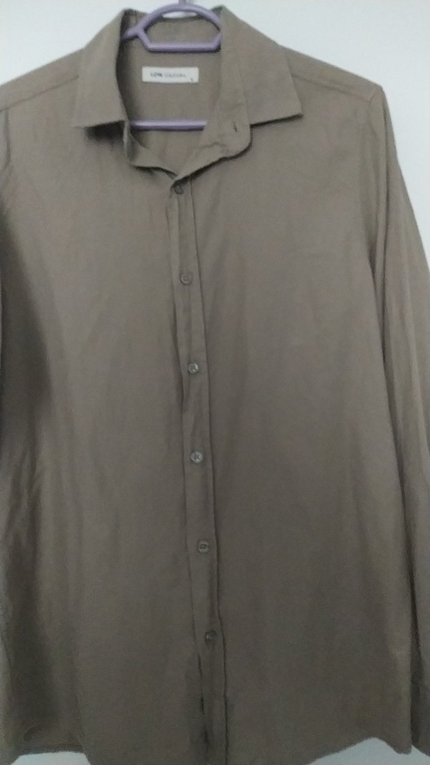 Bej Erkek Keten Gömlek, Uzun Kollu, Düğmeli - Görsel 5