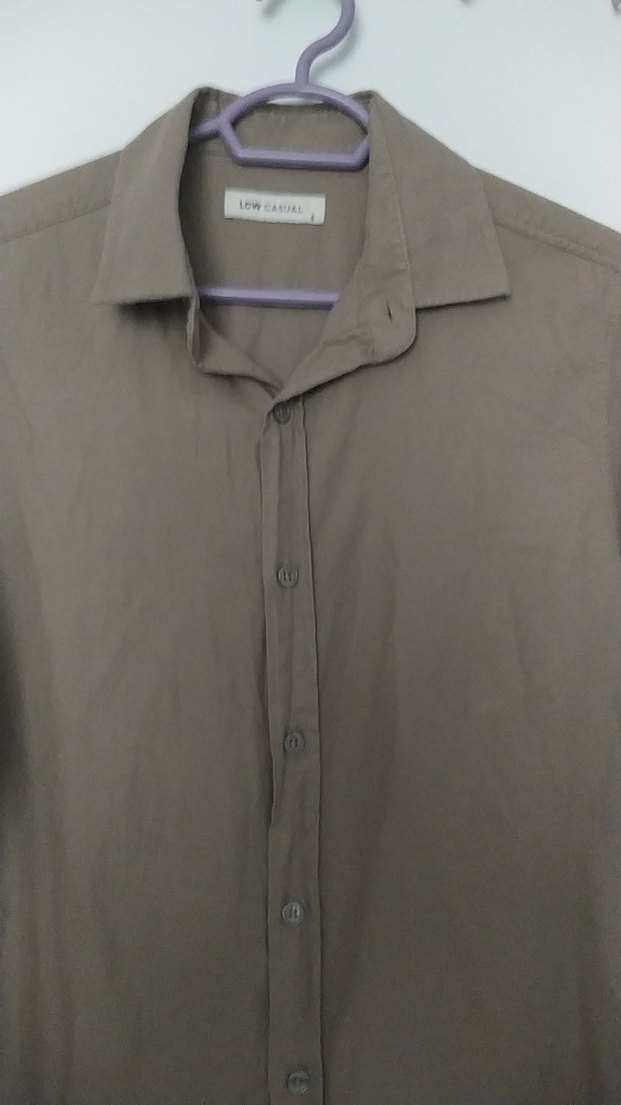 Bej Erkek Keten Gömlek, Uzun Kollu, Düğmeli - Görsel 4