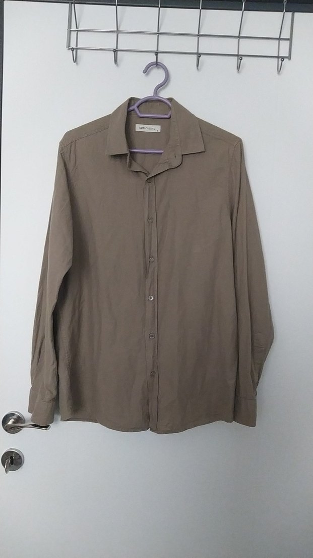 Bej Erkek Keten Gömlek, Uzun Kollu, Düğmeli - Görsel 2