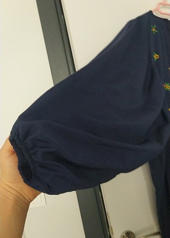 Uzun Lacivert Nakışlı Bohem Elbise - Görsel 5