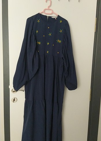 Uzun Lacivert Nakışlı Bohem Elbise - Görsel 2