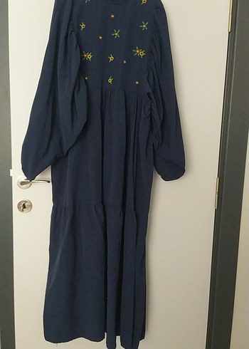 Uzun Lacivert Nakışlı Bohem Elbise - Görsel 3