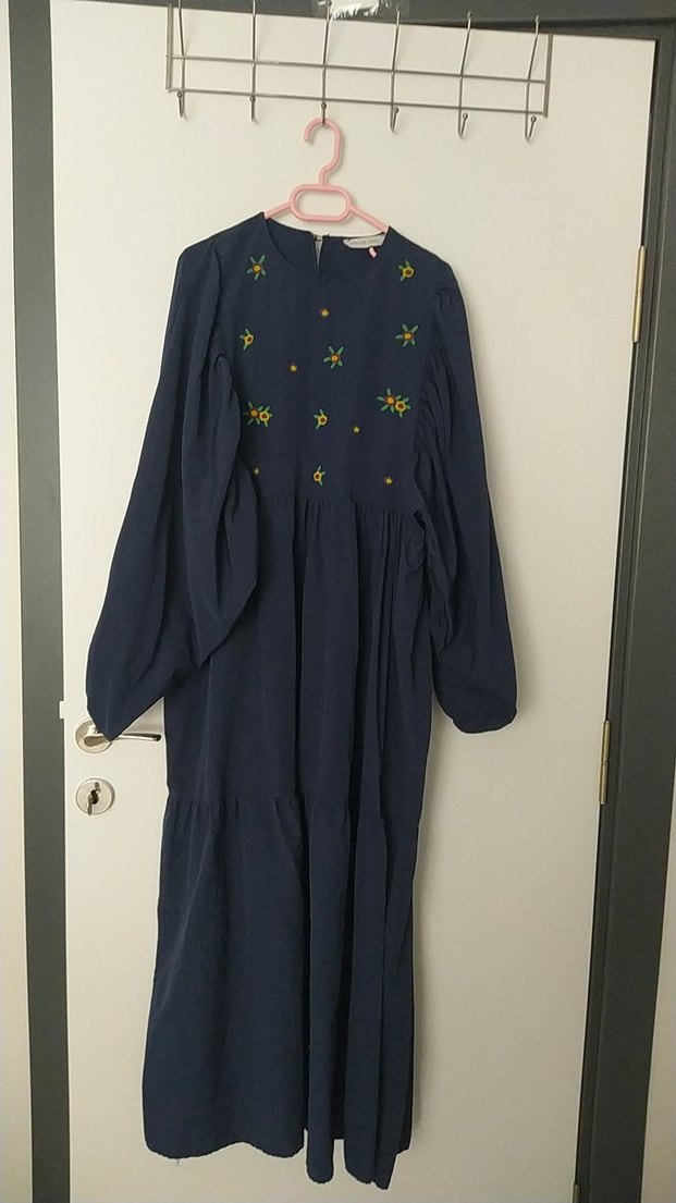 Uzun Lacivert Nakışlı Bohem Elbise - Görsel 2