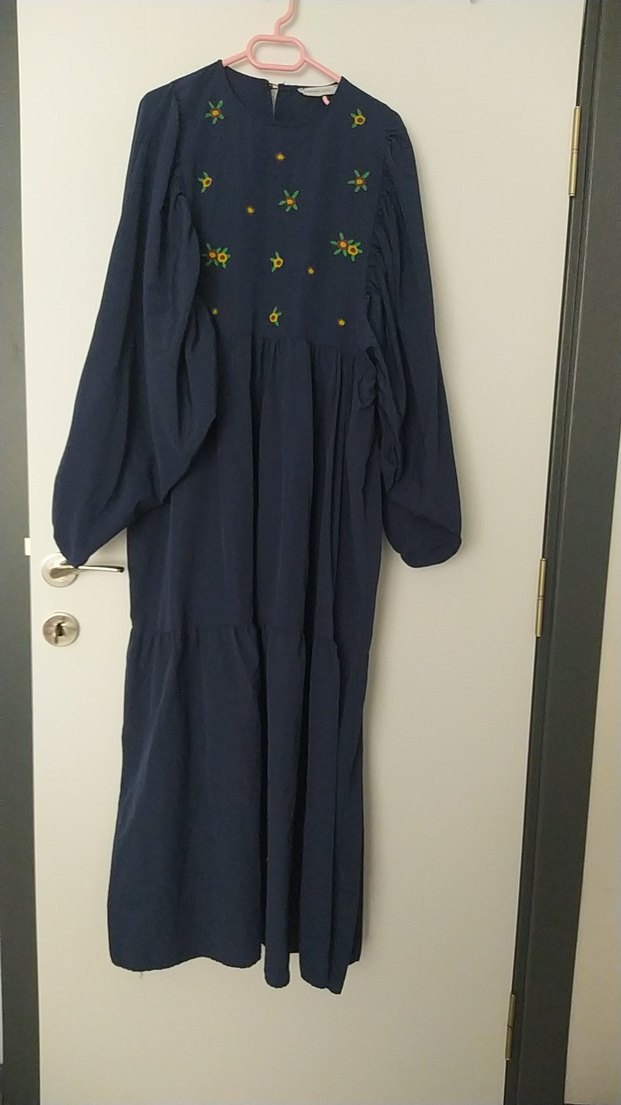 Uzun Lacivert Nakışlı Bohem Elbise - Görsel 3