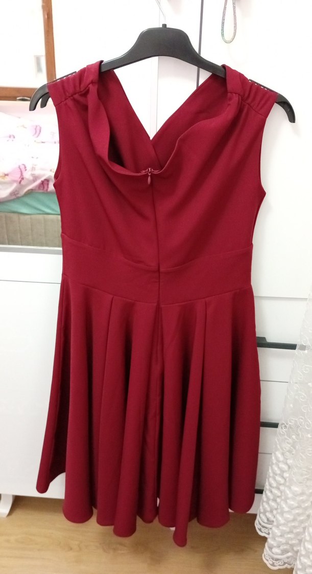 Bordo Drapeli V Yakalı Midi Elbise - Görsel 2