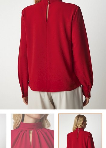 Düğmeli Yüksek Yaka Kırmızı bluz - Görsel 2