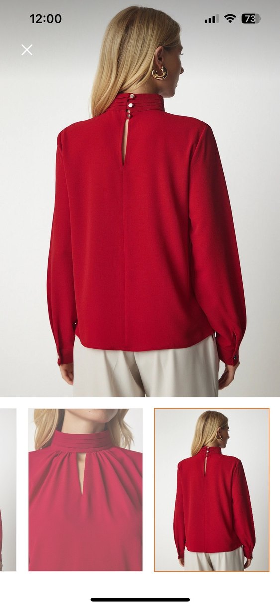 Düğmeli Yüksek Yaka Kırmızı bluz - Görsel 2