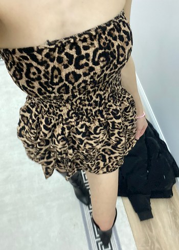 Leopar Desenli Mini Straplez Elbise - Görsel 3