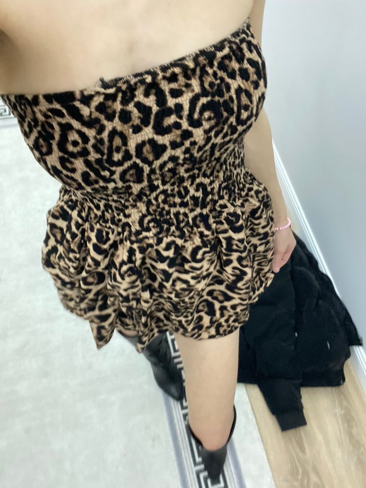 Leopar Desenli Mini Straplez Elbise - Görsel 3