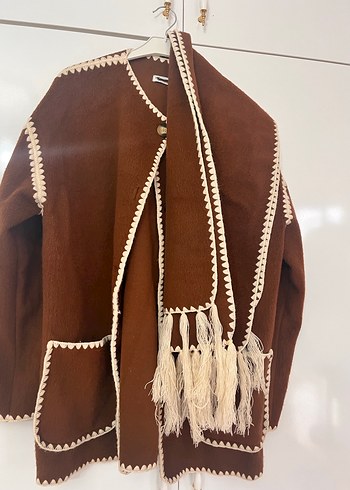 Düğmeli Bohem Tarz Kadın Kahverengi Triko Ceket - Görsel 2