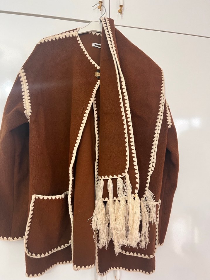 Düğmeli Bohem Tarz Kadın Kahverengi Triko Ceket - Görsel 2
