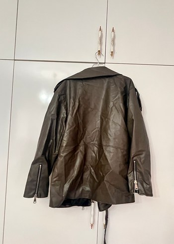 Gri Deri Biker Ceket, Kemerli, Salaş Kesim - Görsel 2