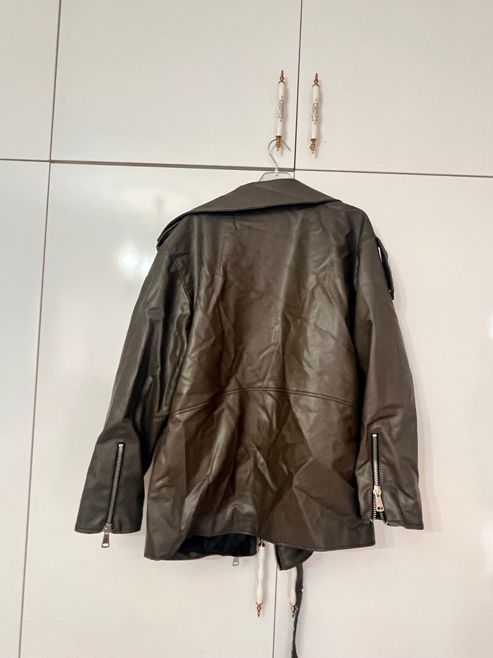 Gri Deri Biker Ceket, Kemerli, Salaş Kesim - Görsel 2