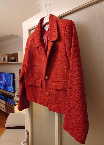 s Beden kırmızı Renk Kırmızı Mini Düğmeli Kadın Blazer