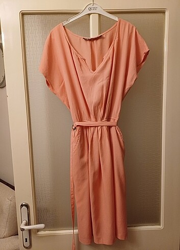 Zara xs somon renk tülbent kumaş astarlı pamuklu günlük elbise - Görsel 4