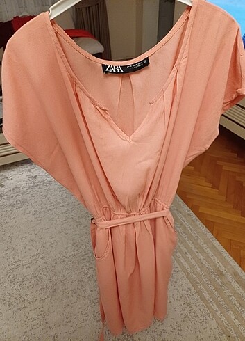 Zara xs somon renk tülbent kumaş astarlı pamuklu günlük elbise - Görsel 9